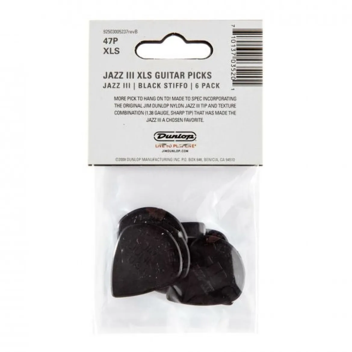 Dunlop Jazz III XL -plektrat, 6kpl Musta