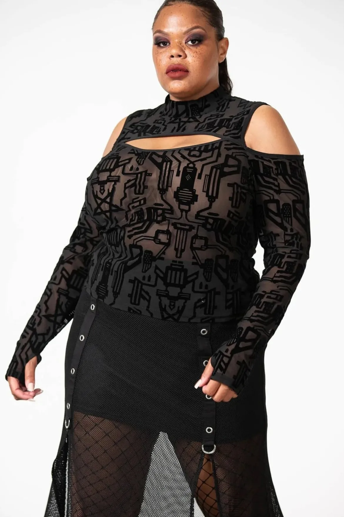 Killstar Tuned Out Mesh Cold Shoulder Pusero
