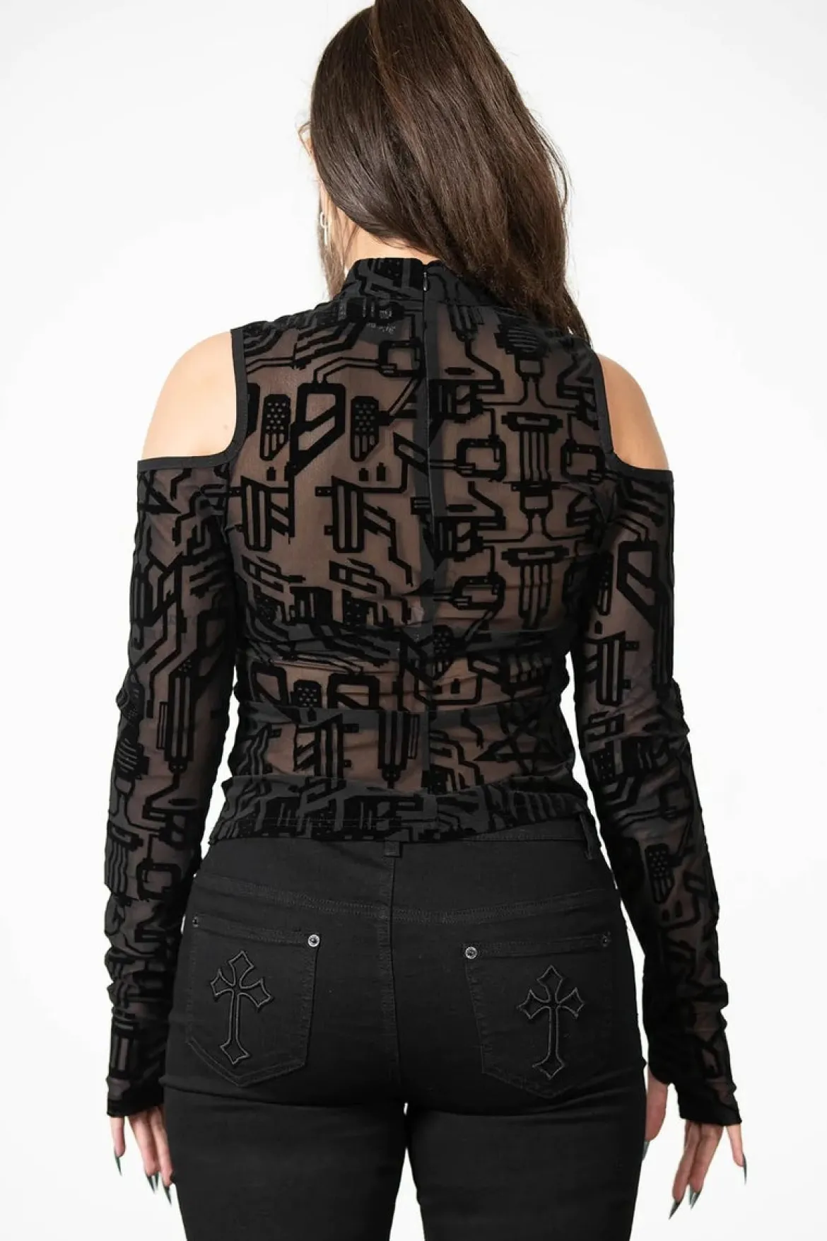 Killstar Tuned Out Mesh Cold Shoulder Pusero