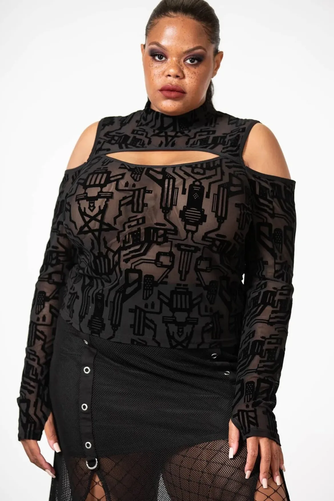 Killstar Tuned Out Mesh Cold Shoulder Pusero