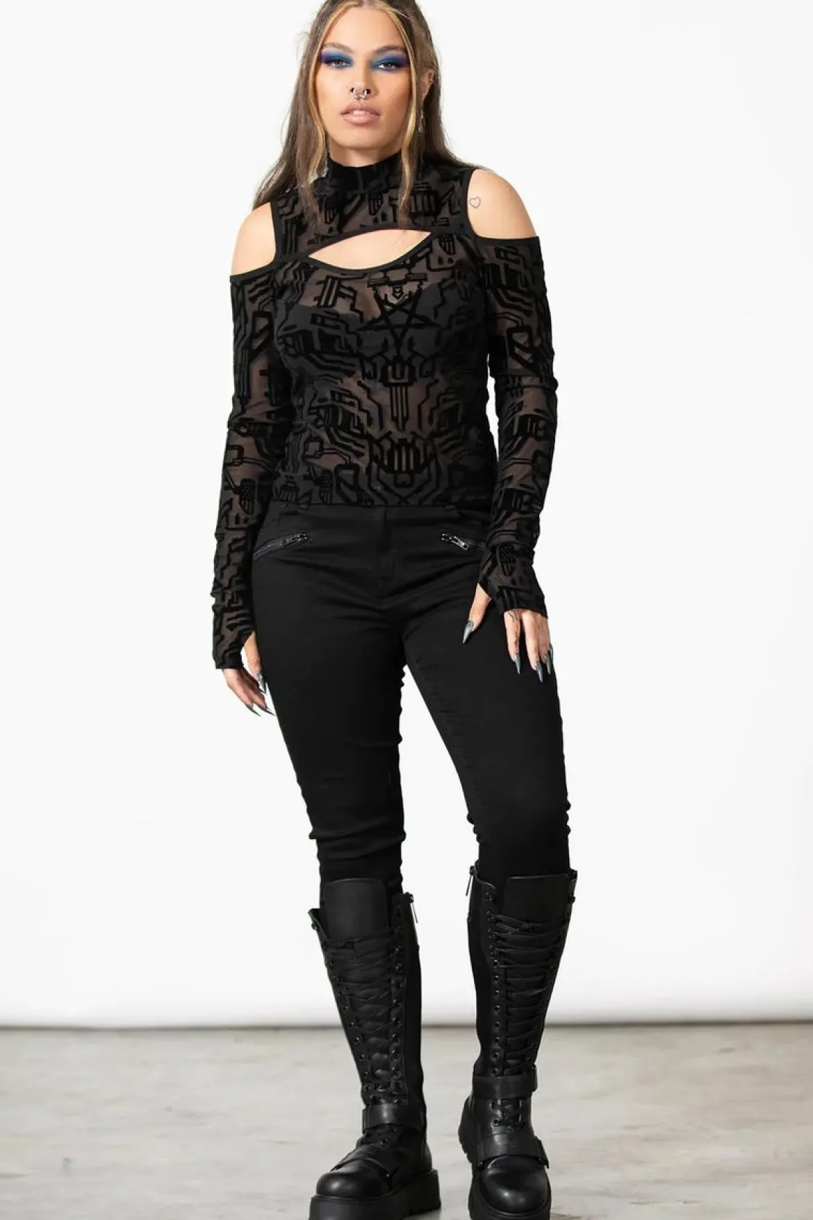 Killstar Tuned Out Mesh Cold Shoulder Pusero