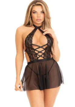Leg Avenue Plunging Lace Halter - Babydoll ja stringit