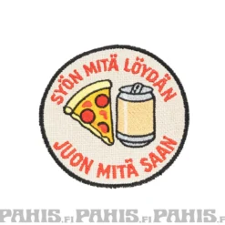 Syön mitä löydän juon mitä saan - haalarimerkki