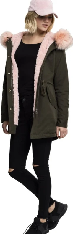 Urban Classics Peached Teddy Lined Parka - Naisten talvitakki, olive